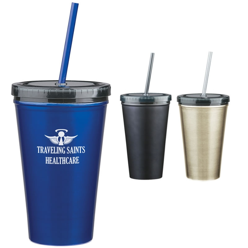 16 oz Stainless Steel Double Wall Tumbler With Straw